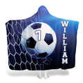 Graphic layout of soccer design with ball bursting through goal net and vertical varsity typography.