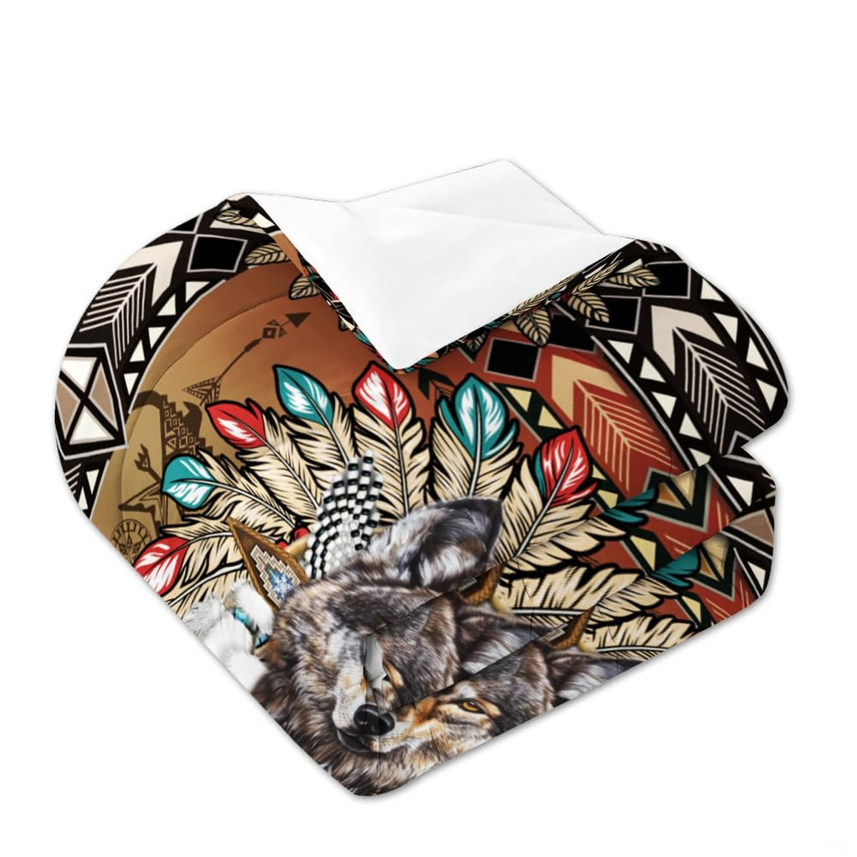 Folded bedding with wolf face, colorful feathers, geometry, and white reverse
