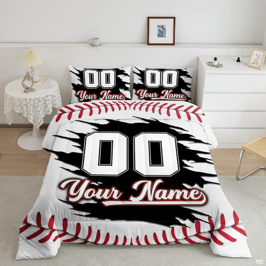 Torn rip baseball bedding displaying jagged claw rip graphic with varsity number and curved red lacing tracks