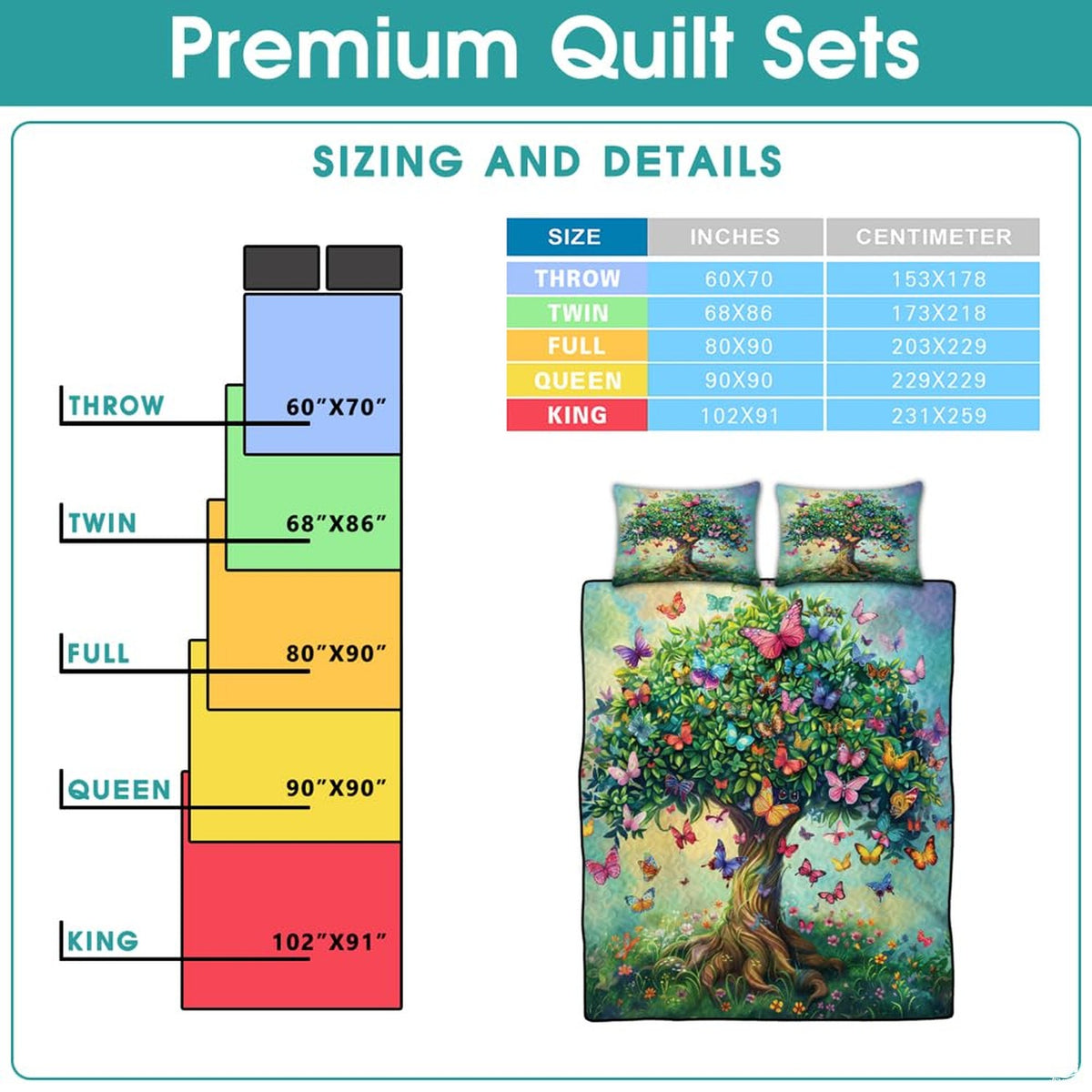 High-angle view of tree of life bedding set showcasing balanced geometric patchwork tiles and nature artwork across bed.