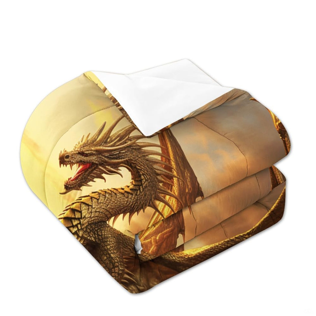 Bedroom styling of amber dragon bedding set displayed neatly on a mattress with modern neutral decor.