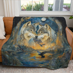 Bedroom lifestyle setting showcasing the romantic wolf wildlife throw blanket styled on a bed.