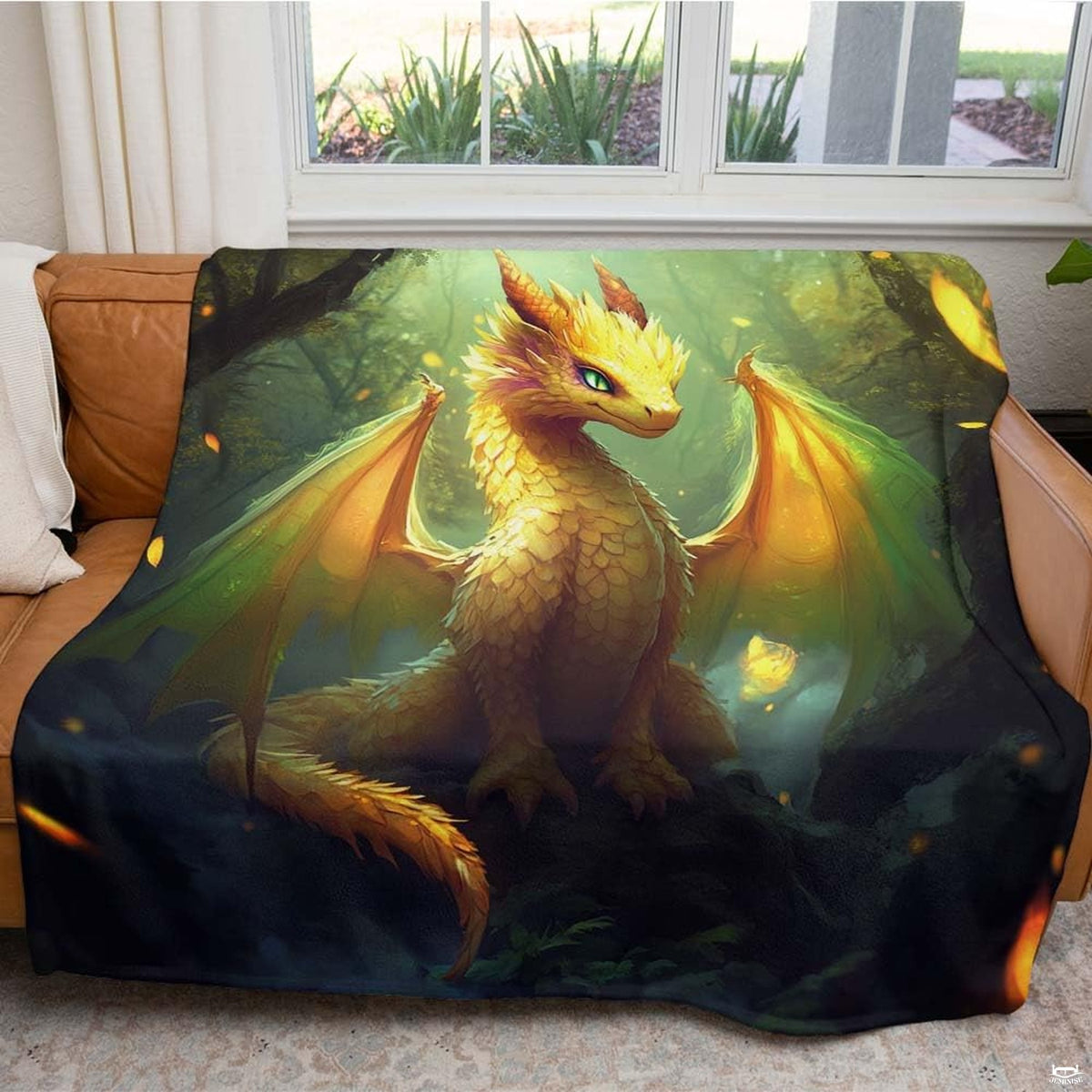 Golden forest dragon throw blanket view 2 styled on sofa in modern living room