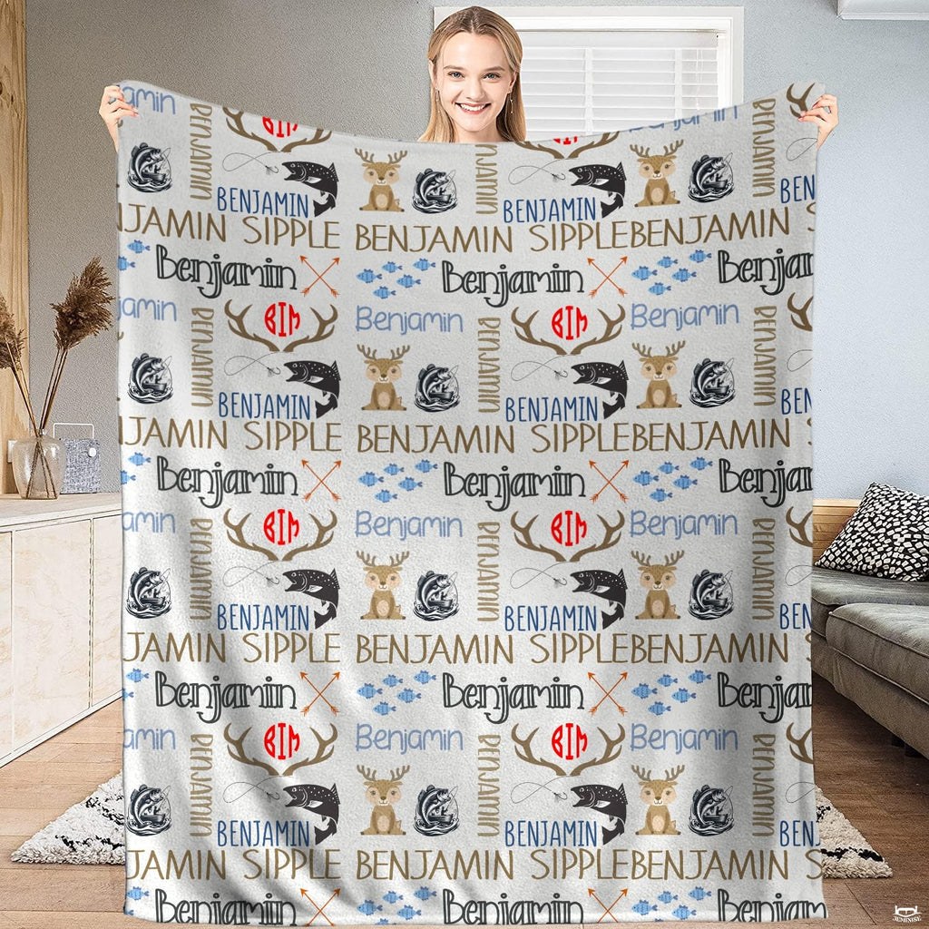 Detailed view of leaping fish and baby deer fawn illustrations on an off-white decorative bedding background.