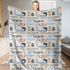 Detailed view of leaping fish and baby deer fawn illustrations on an off-white decorative bedding background.