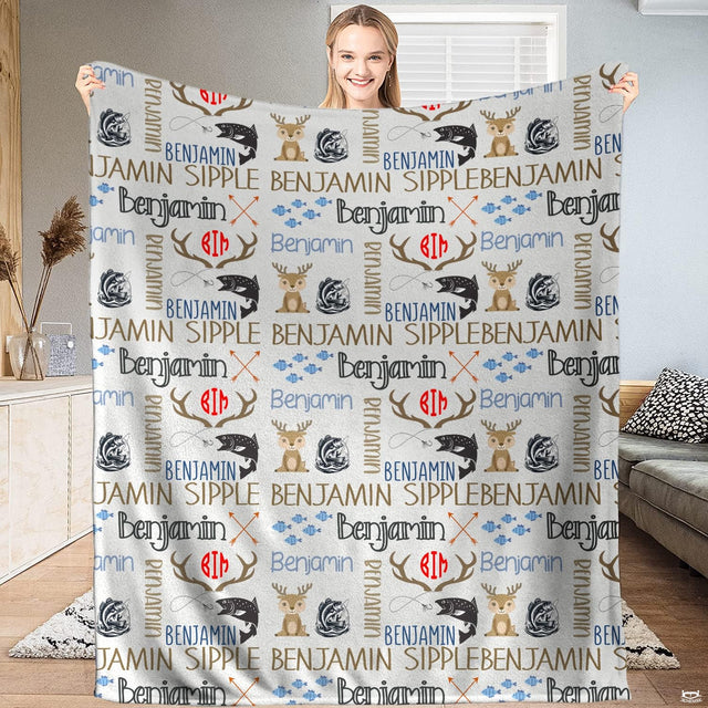 Detailed view of leaping fish and baby deer fawn illustrations on an off-white decorative bedding background.