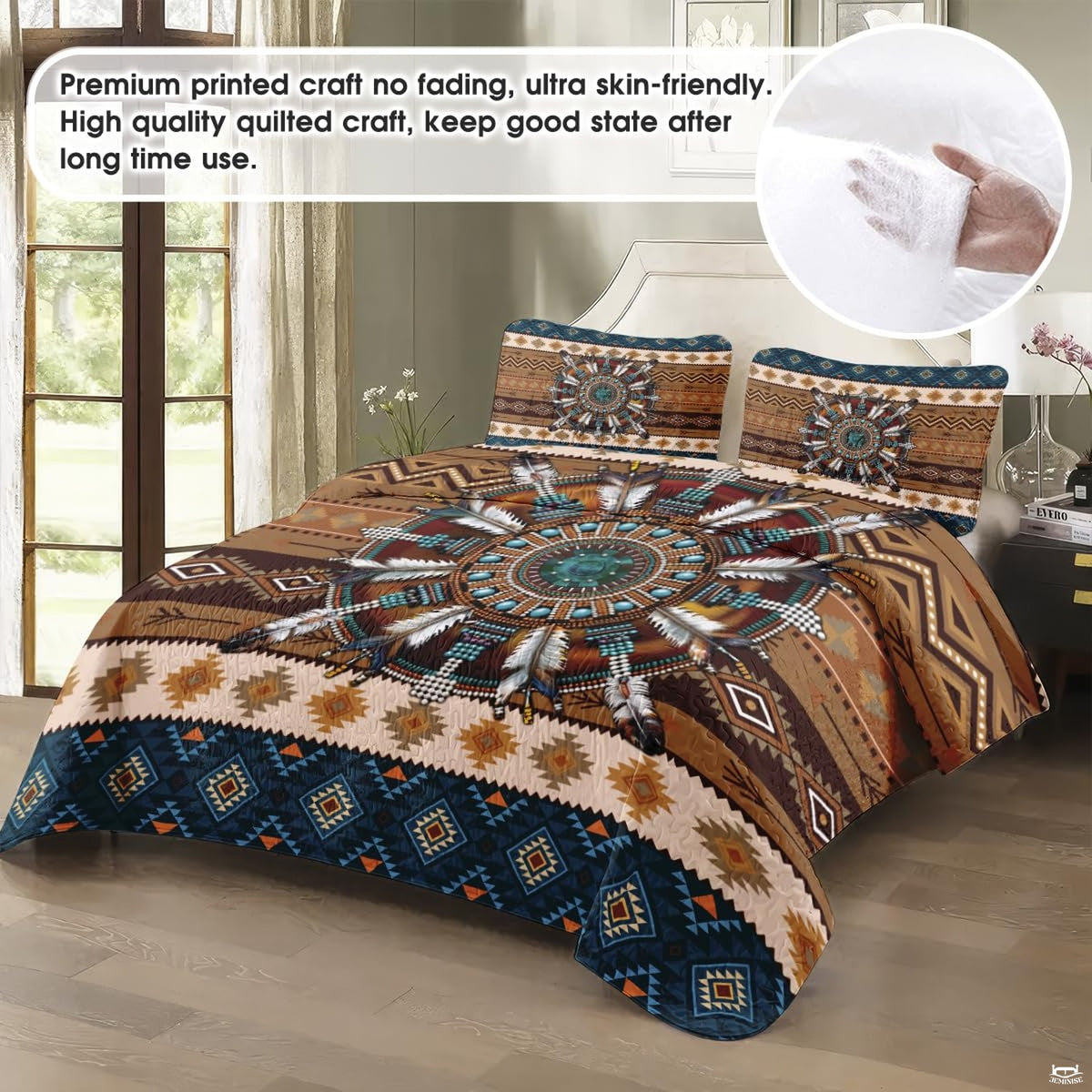 Close-up view of dreamcatcher bedding highlighting woven web detail, turquoise beads, and cascading feathers