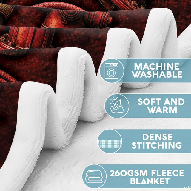 Close-up visual of firefighter helmet and rescue equipment graphics on a themed bedding set.
