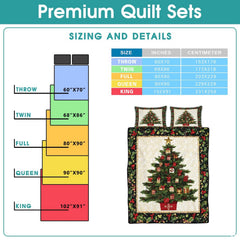Overhead perspective of winter bedding arranged neatly across a holiday guest room mattress