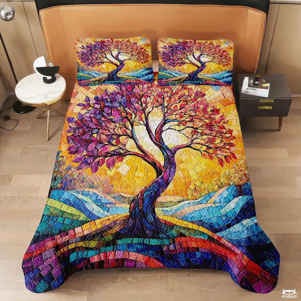 Custom Celtic Tree of Life Quilt Set with Colorful Mosaic Sunburst