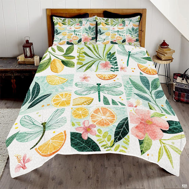 Dragonfly citrus bedding in a bright bedroom