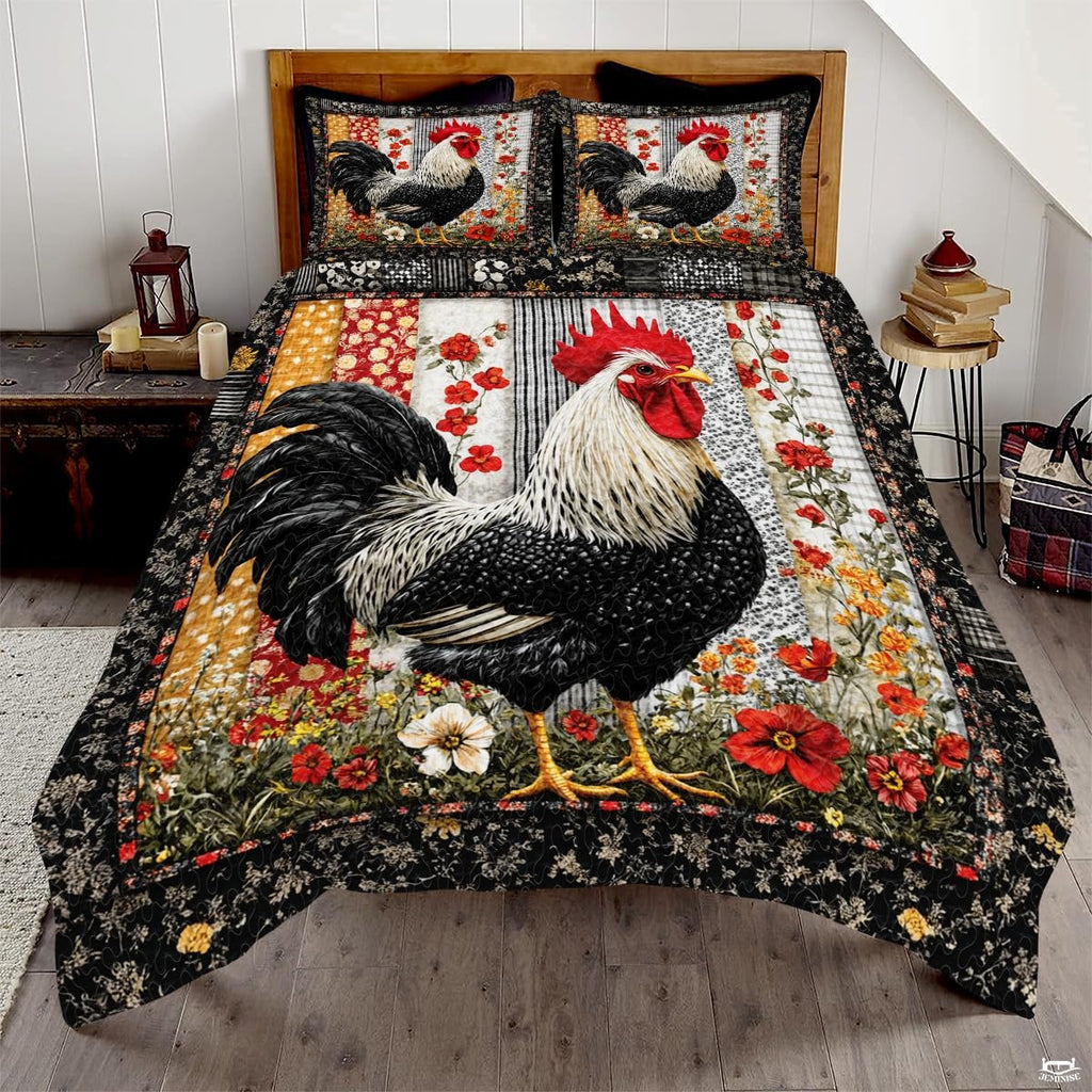Rooster Patchwork Pattern Quilt Set, Animal Bedding - Chicken Farmhouse Quilt Set Bedspread, Premium Pattern Quilt Bedspread, Rooster Bedding