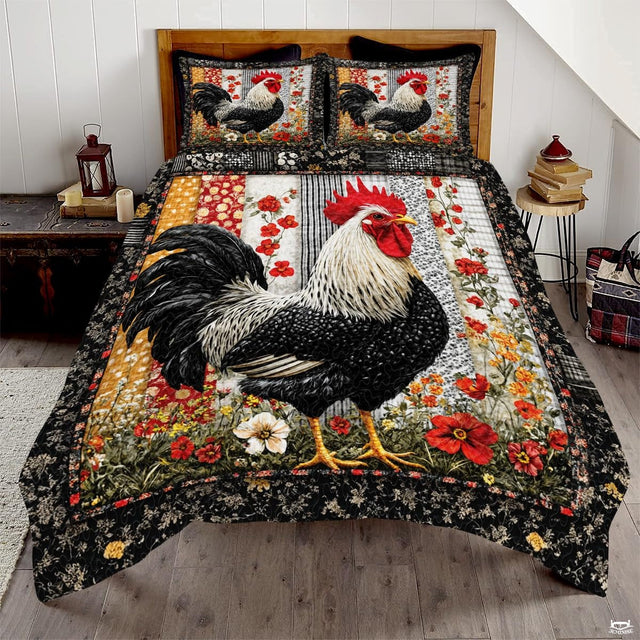 Farmhouse rooster patchwork floral bedding set spread flat on a wooden bed with matching shams.