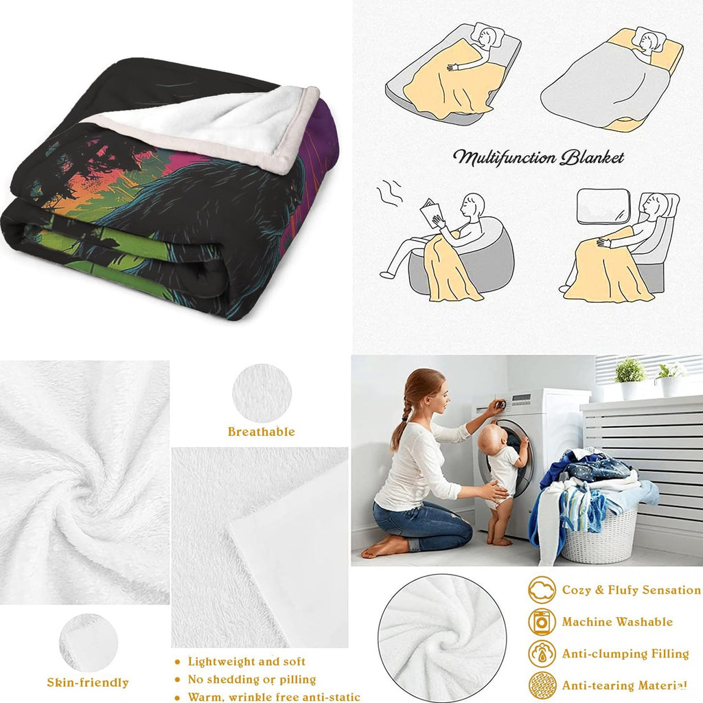 Graphic presentation showing folded blanket presentation and various lifestyle usage illustrations.