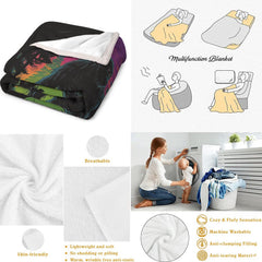 Graphic presentation showing folded blanket presentation and various lifestyle usage illustrations.