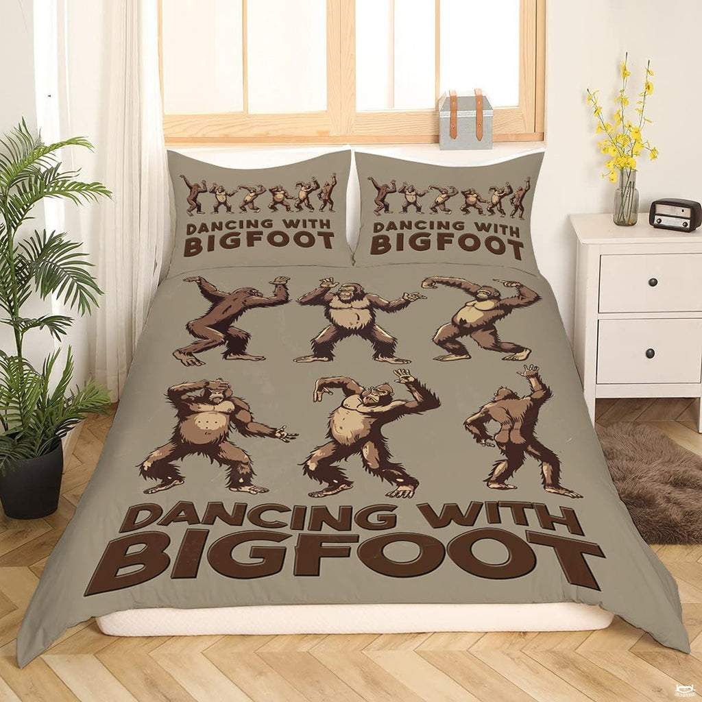 Dancing Bigfoot Sasquatch rustic woodland bedding set displayed on a bed in a cabin bedroom