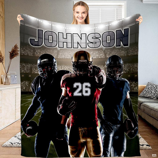 Football trio arena field lights throw blanket displaying three armored players on the field under arena lights