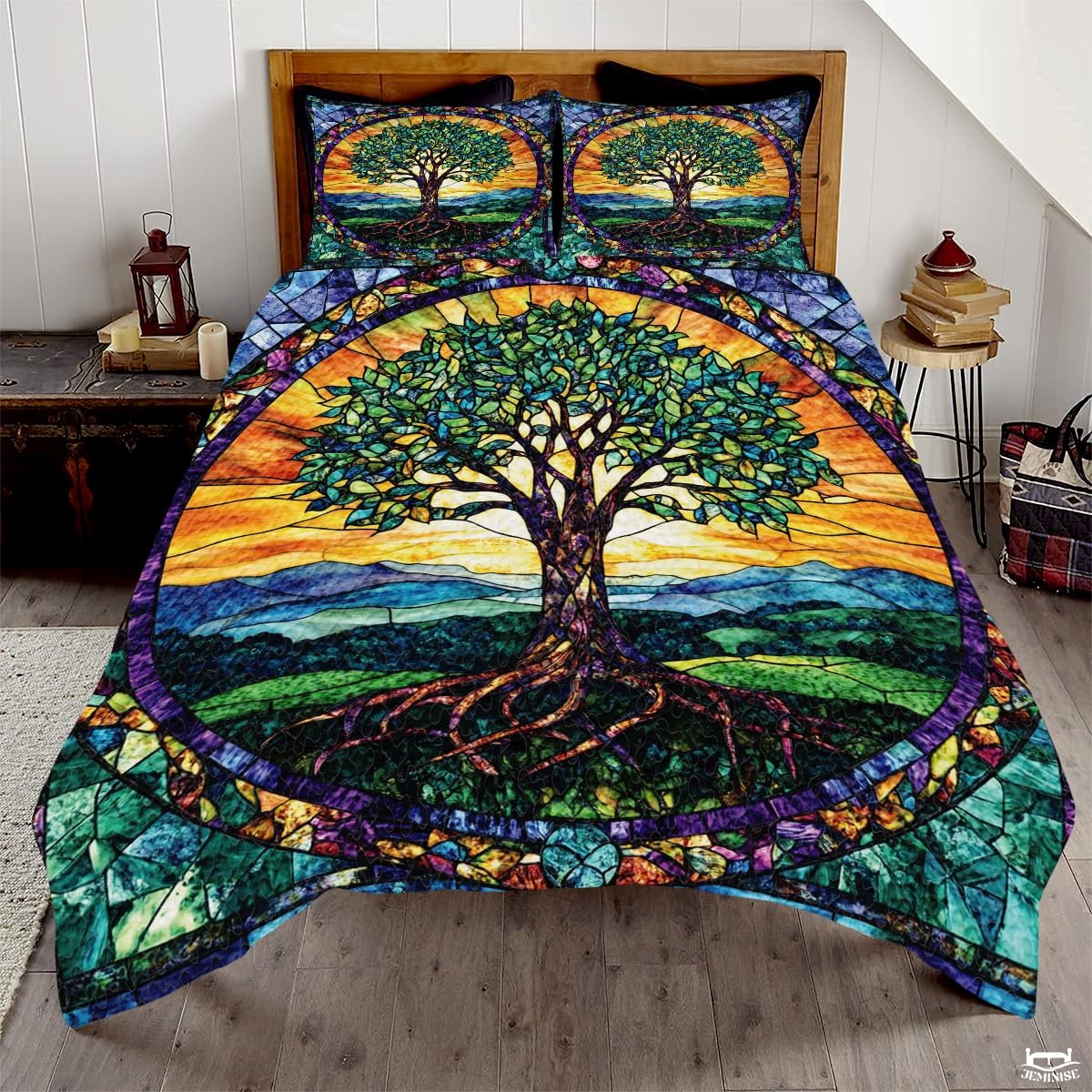 Nature Tree of Life Quilt Set with Stained Glass Pattern And Bedroom