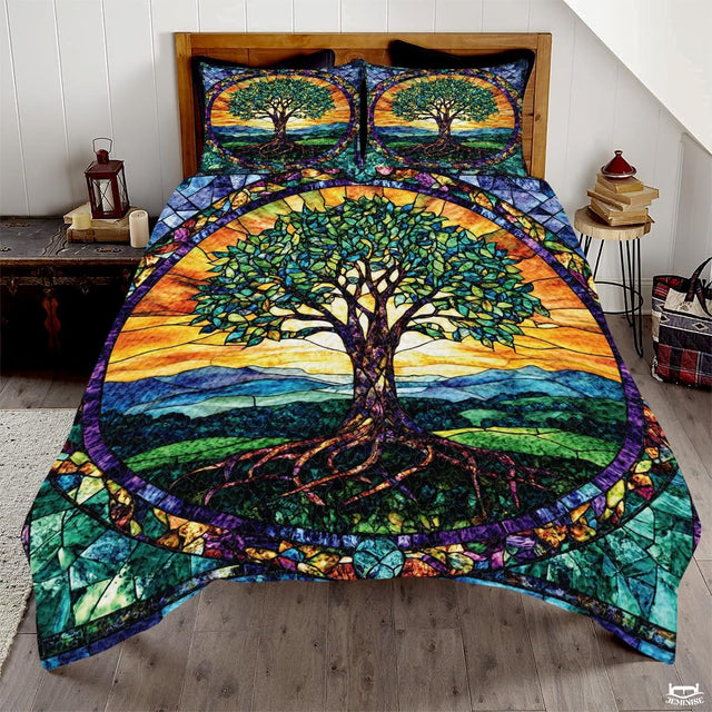 Nature Tree of Life Quilt Set with Stained Glass Pattern And Bedroom