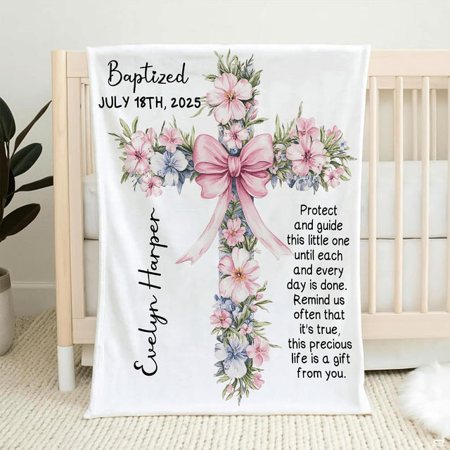 Floral cross watercolor throw blanket featuring botanical blossom cross with pink bow on white