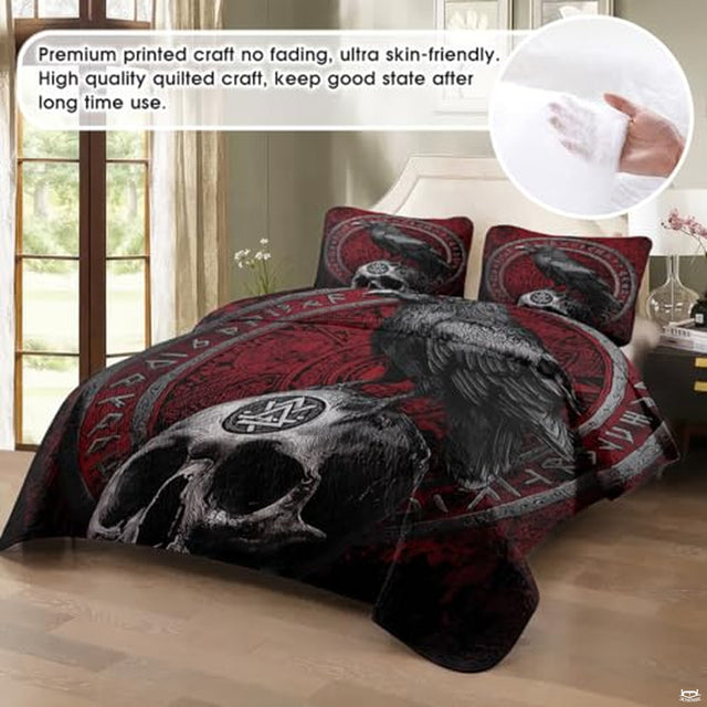 Angled bedroom view highlighting crimson Norse raven skull bedding set beside window.