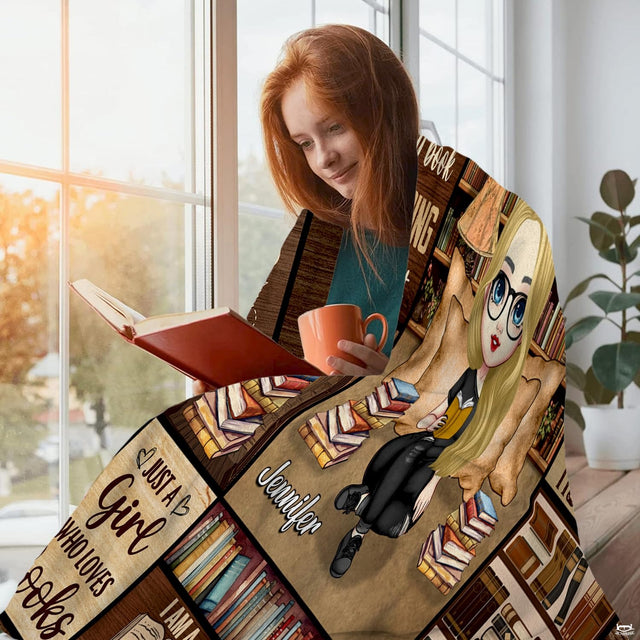 Personalized Blonde Girl Reading Amidst Bookshelves Blanket - Book