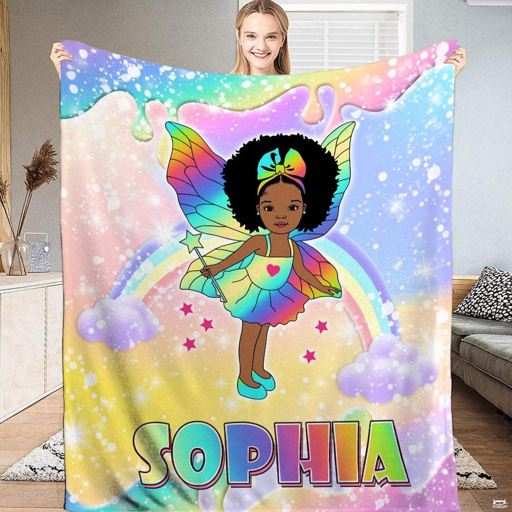 Whimsical rainbow fairy bedding set displaying colorful wings and celestial stars on pastel gradients.