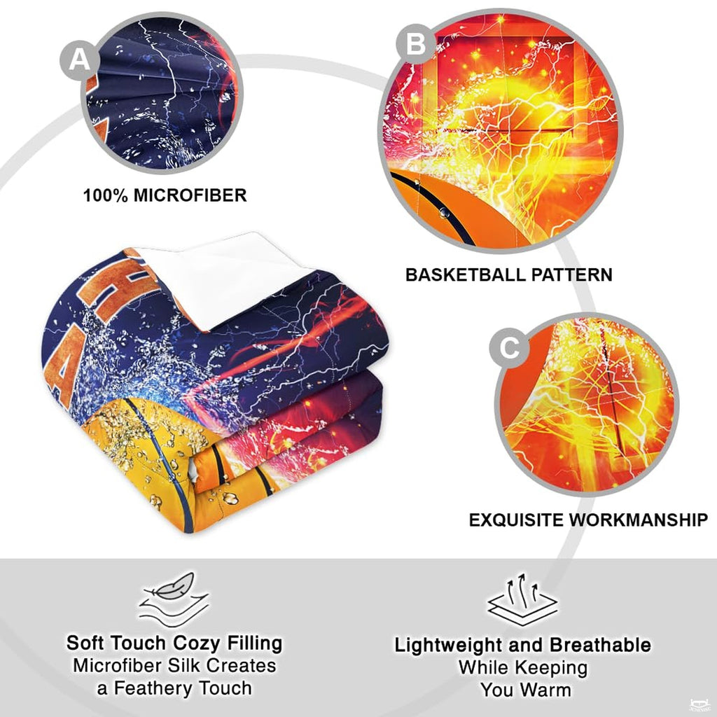Athletic bed presentation featuring fiery thematic accent splash graphic on deep navy and orange.