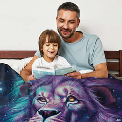 Close up of cosmic lion bedding set portrait with starlight dust and radiant mane accents
