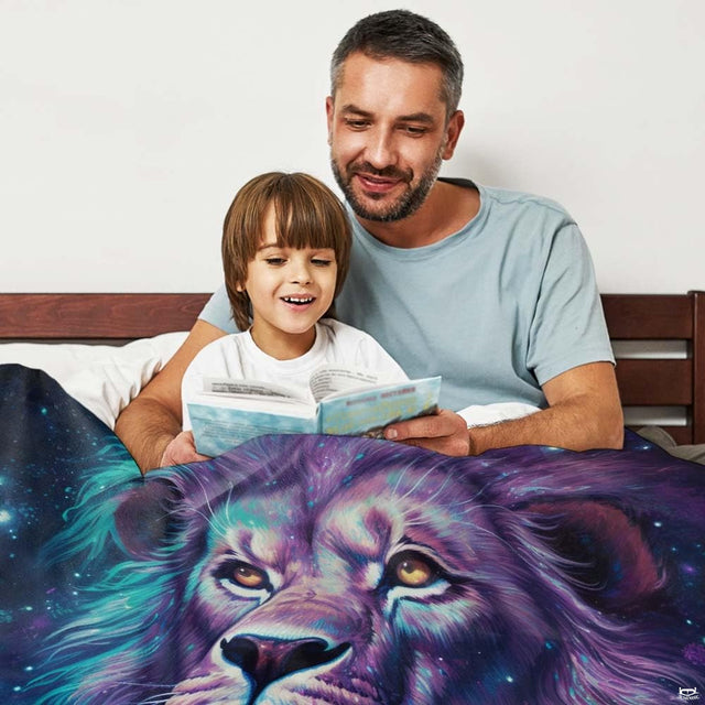 Close up of cosmic lion bedding set portrait with starlight dust and radiant mane accents