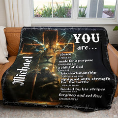 Full flat lay view of the kneeling knight lightning cross lion blanket.