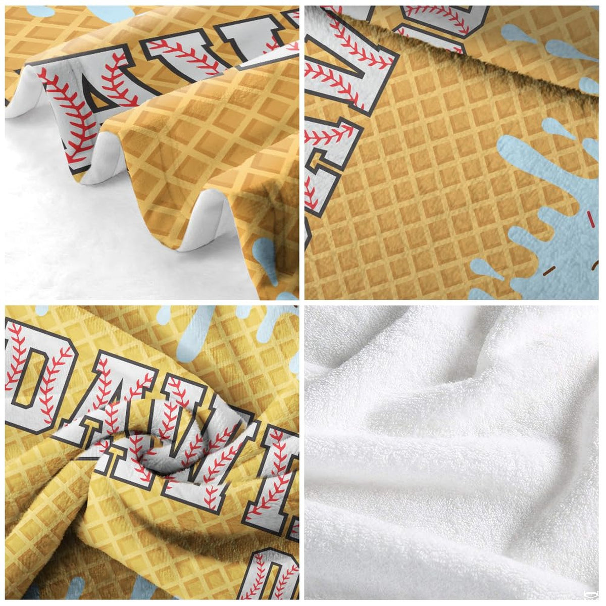 Close-up perspective of sweet waffle ice cream print showing pastel blue frosting melts and baseball thematic accent texture.