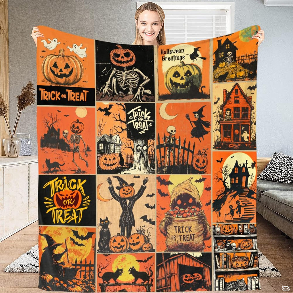 Model holding the vintage autumn comic panel throw blanket showing grid illustration.