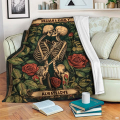 Bedroom lifestyle setting showing the eternal skeletons rose blanket styled on a bed.
