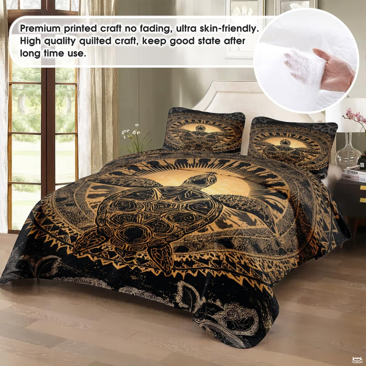 Close up of bohemian sea turtle tribal tattoo artwork in golden ochre and black on bedding.