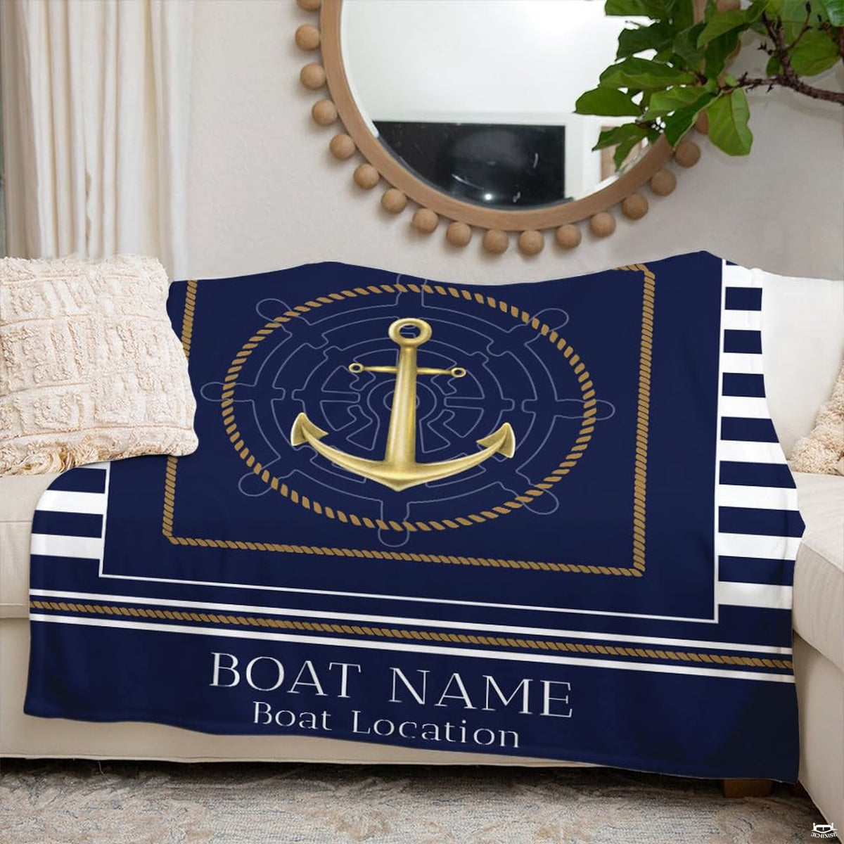 Bedroom decor styling with maritime anchor visual motif displayed over the bed.