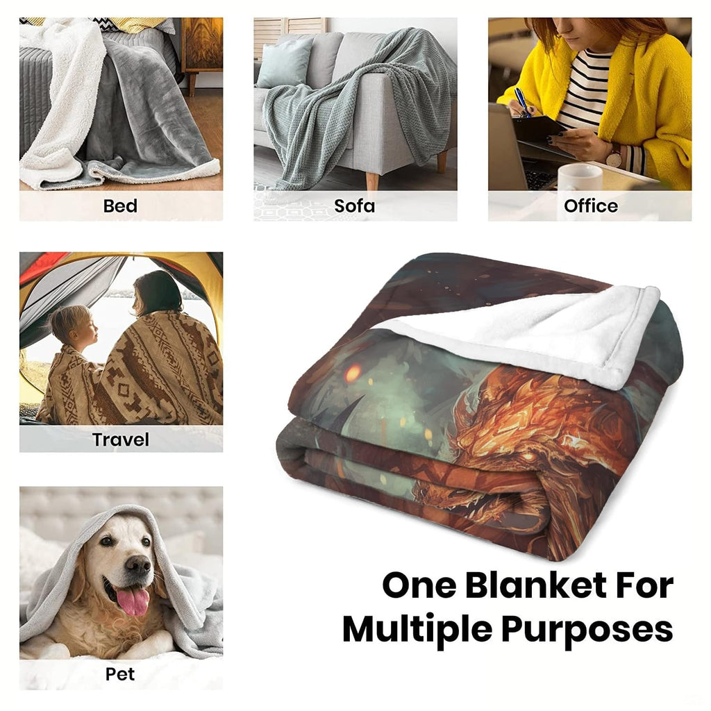 Versatile usage display illustrating the folded fire dragon blanket across various domestic settings.