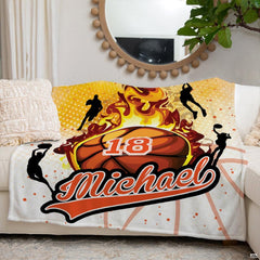 Bedroom decor perspective featuring flaming basketball artwork and crisp graphic court lines on bedding.