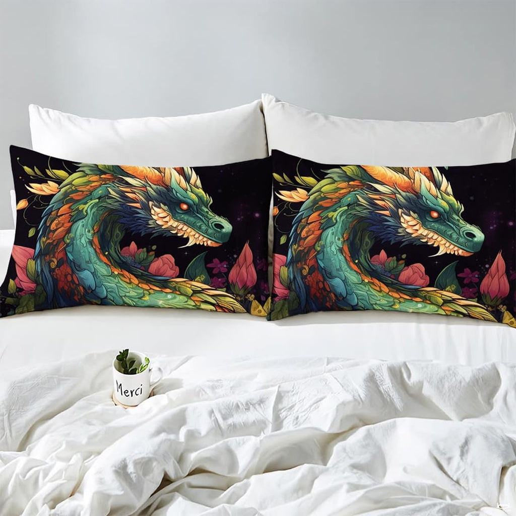 Close-up detail of dragon fantasy bedding highlighting vivid bronze wings and deep interstellar contrast.
