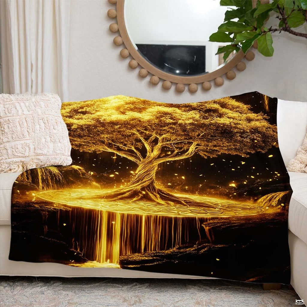 Meditation room decor setting featuring glowing tree throw blanket