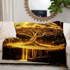 Meditation room decor setting featuring glowing tree throw blanket