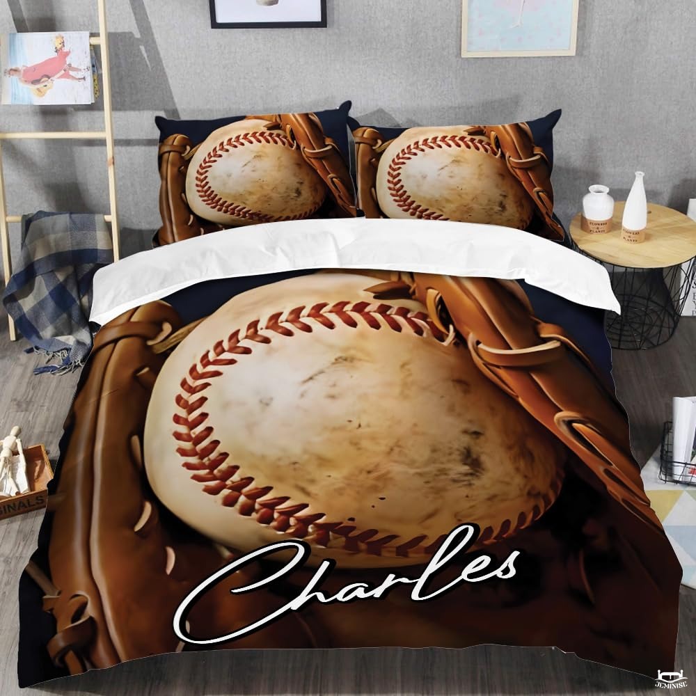 Personalized Baseball Bedding Full Size Flag Custom Name Duvet Cover Set Sport Decor Sports Comforter Bed Set (Rustic Baseball and Gloves 2)