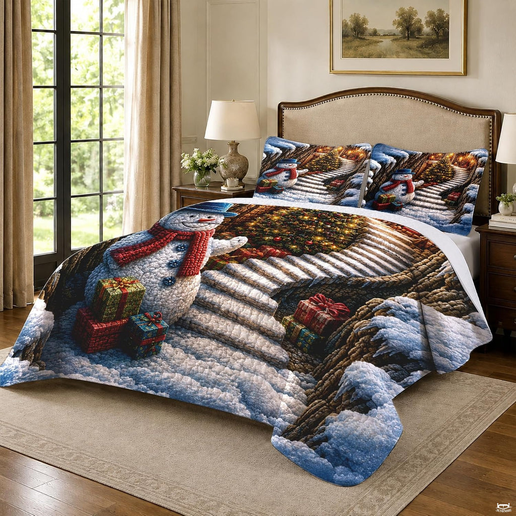 Artistic bedding layout showing a cheerful winter snowman, wrapped holiday presents, and glowing Christmas tree.