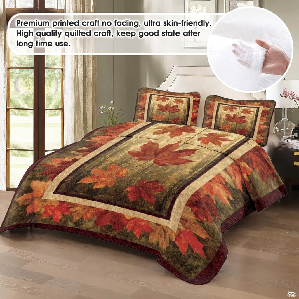 Top-down view of rosewood and sienna autumn bedding set arranged neatly on a wooden bedroom frame