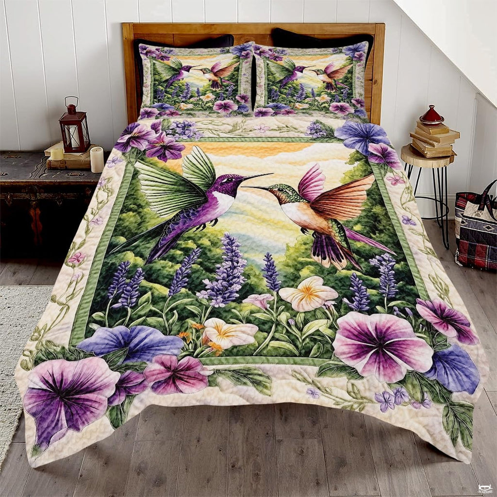 Meadow green hummingbird floral garden bedding set displayed neatly on a bed in a sunlit bedroom