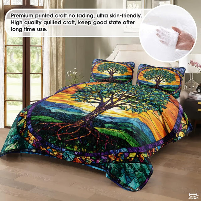 Nature Tree of Life Quilt Set with Stained Glass Pattern And Bedroom