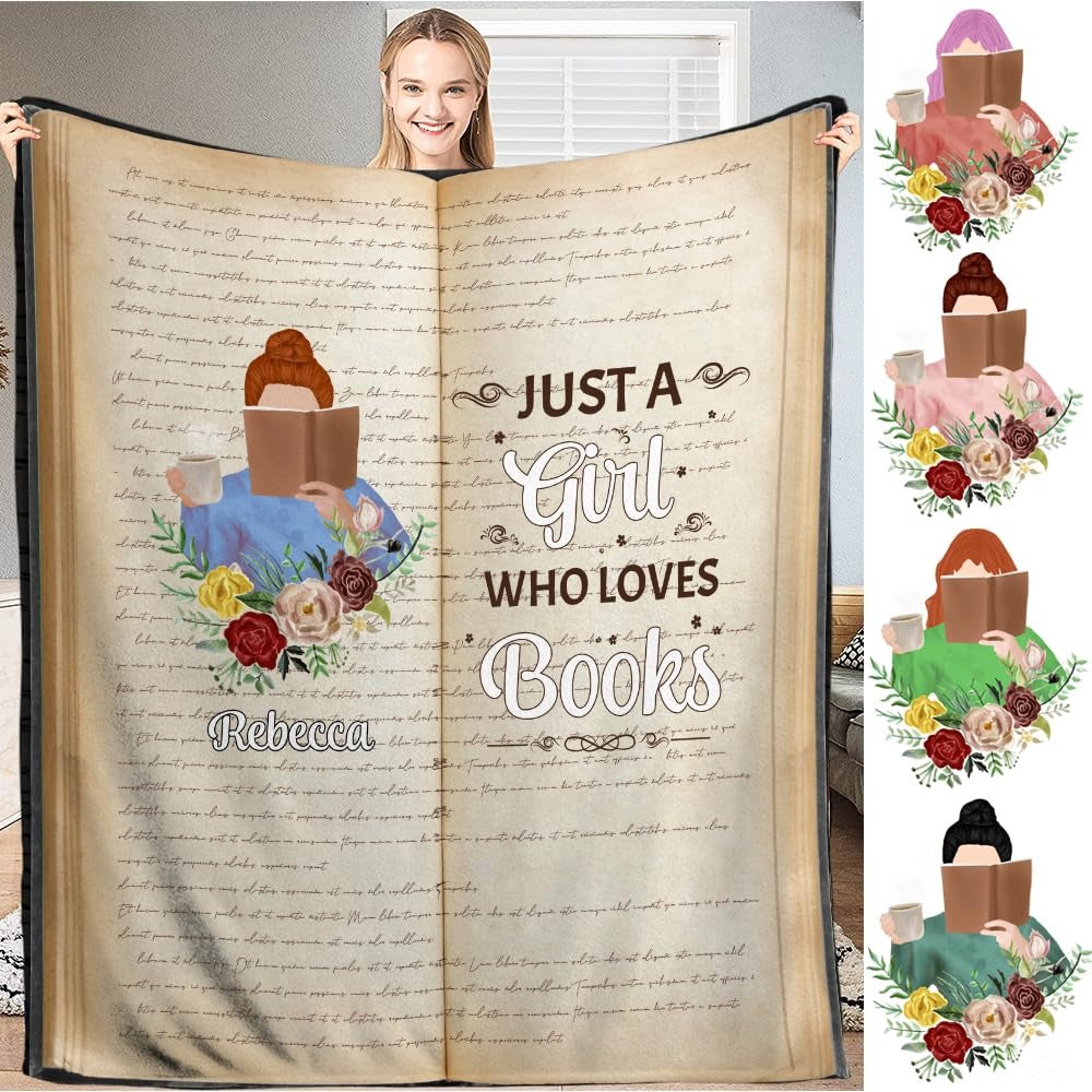 Personalized Girl Messy Bun Reading Book and Holding Mug Throw Blanket