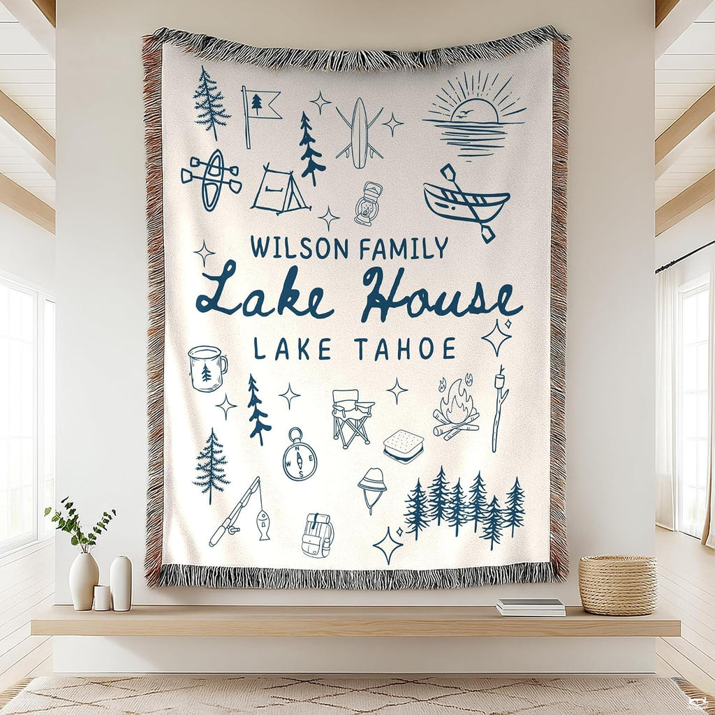 Lake house design with navy camping doodles, canoe, campfire, and pine trees, view 1.