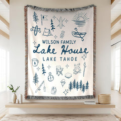 Lake house design with navy camping doodles, canoe, campfire, and pine trees, view 1.