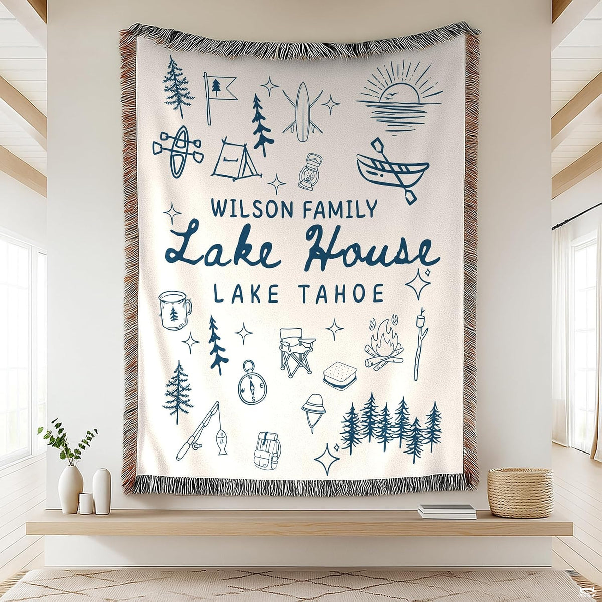 Lake house design with navy camping doodles, canoe, campfire, and pine trees, view 1.